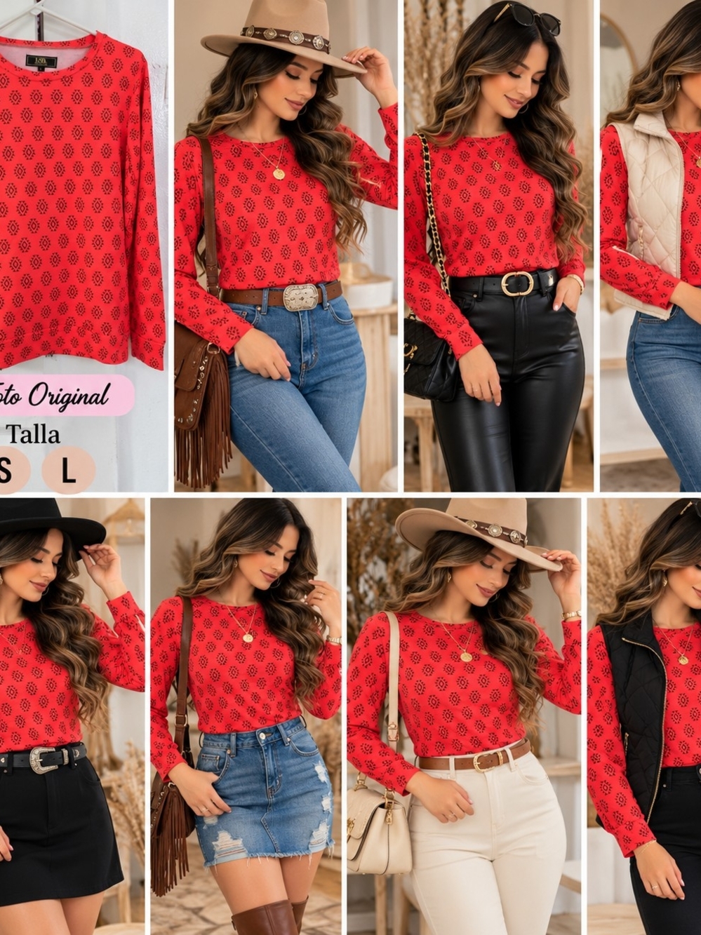 Lucky & Blessed Red Printed Long-Sleeve Blouse